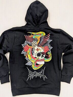 Rebel Vengeance Black Skull Graphic Pullover Hoodie Gothic Logo NWT Size L